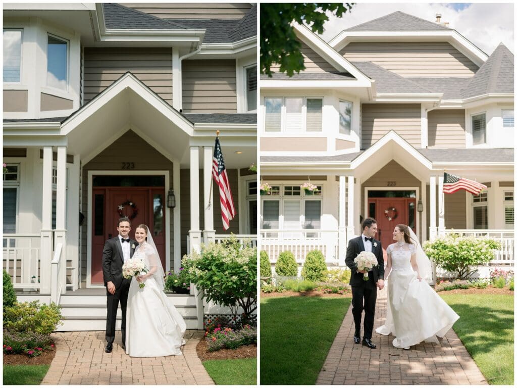 Newlyweds pose in front of Emilie's childhood home in Clarendon Hills before walking hand in hand down the front path where Michael proposed over Memorial Day weekend.