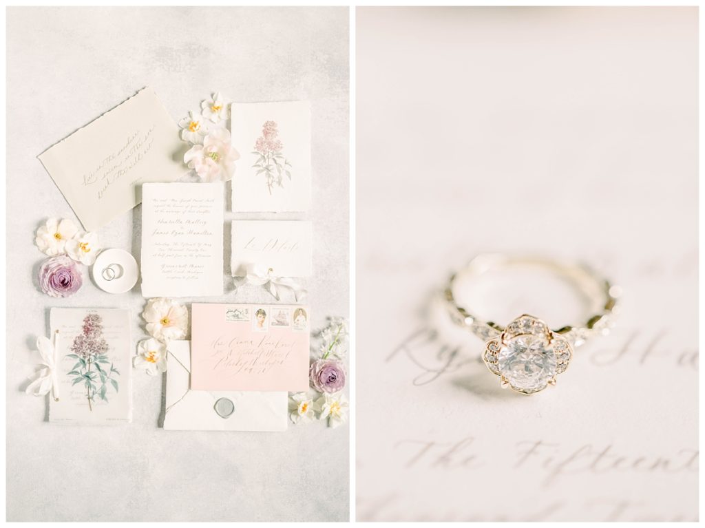 Whimsical and Romantic wedding invitation set and engagement ring
