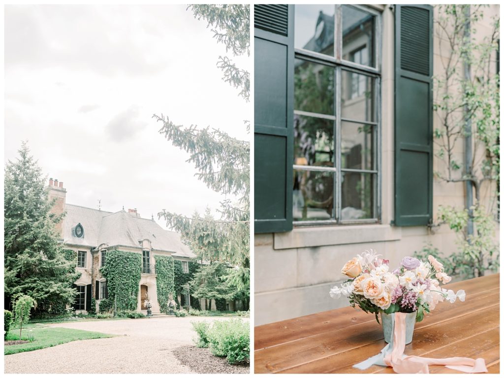 Exterior of Greencrest Manor with delicate pastel wedding flowers from Modern Day Collective