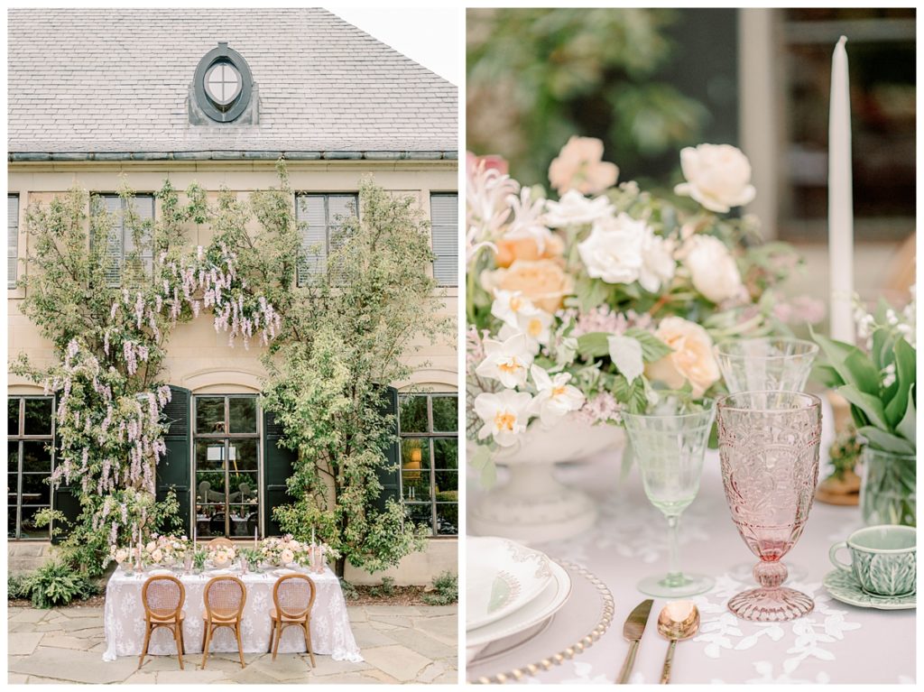 Wedding table outside on the patio with pastel water glasses