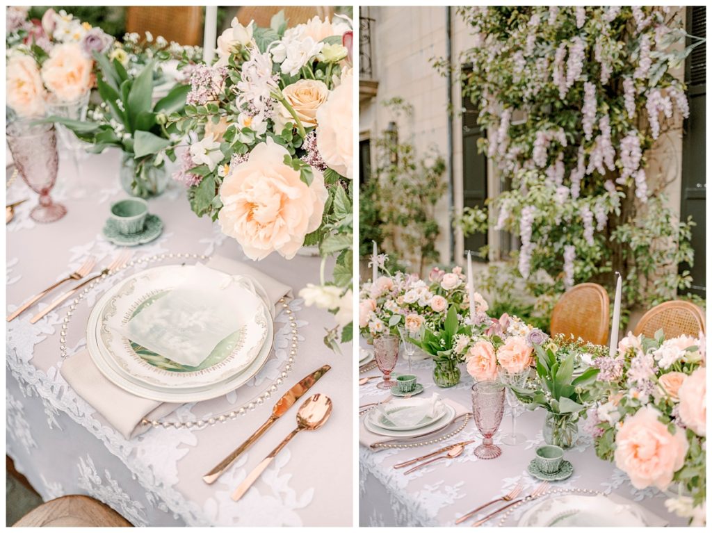 Wisteria hanging behind spring wedding tablescape