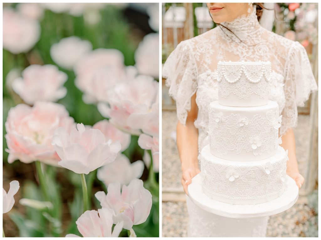 Lace trimmed wedding cake with claire pettibone dress.