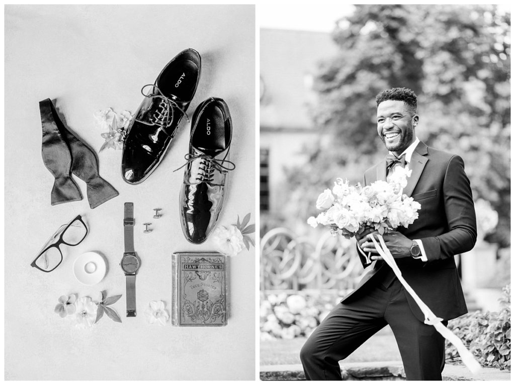 Grooms details and candid of groom holding floral bouquet