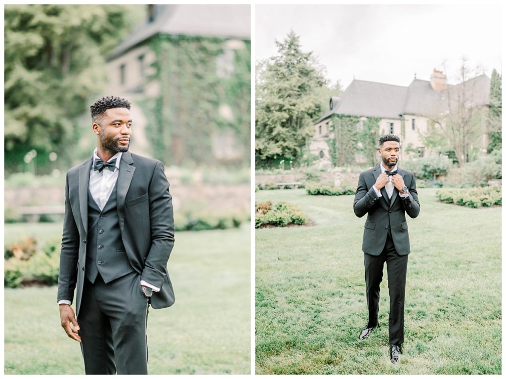 Groom portraits outside of Greencrest Manor
