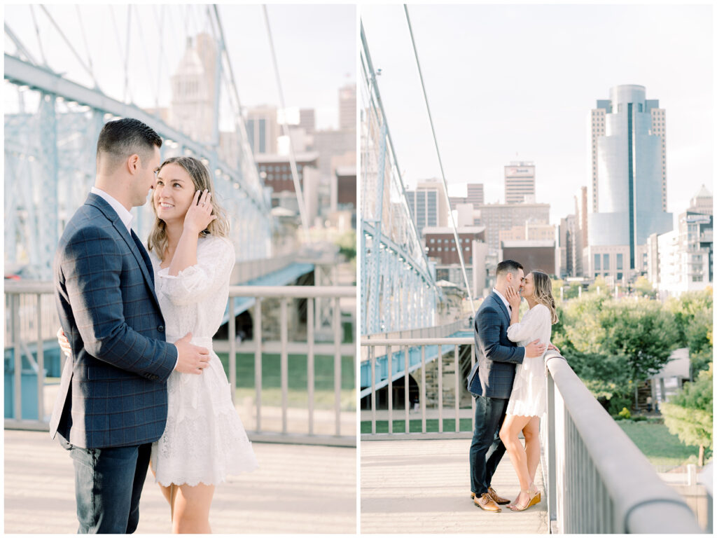 roebling bridge cincinnati engagement session kiss 