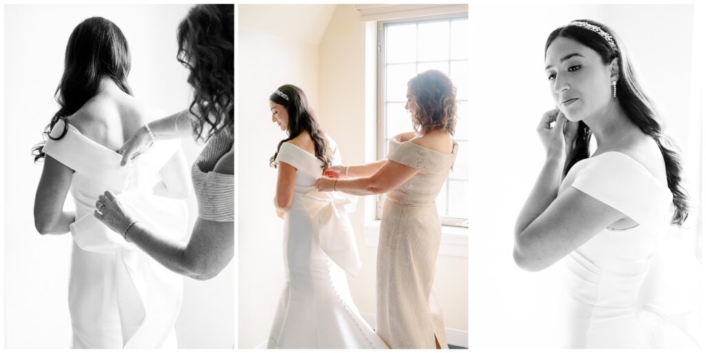 Bride getting into dress with her mom