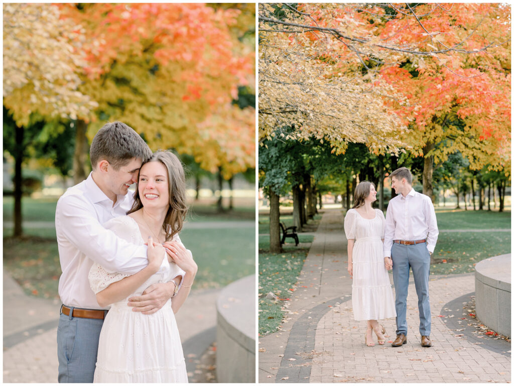 fall engagement session at Notre Dame  corridor