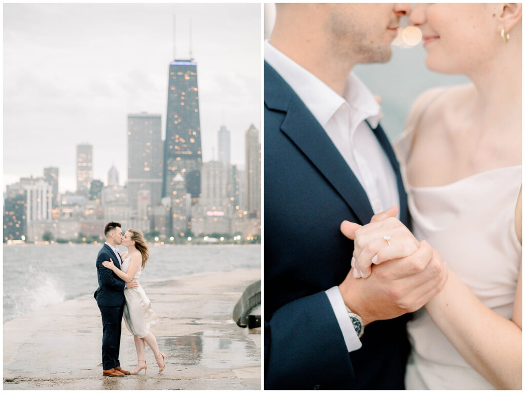 north avenue beach chicago il engagement session navy suit and white dress 