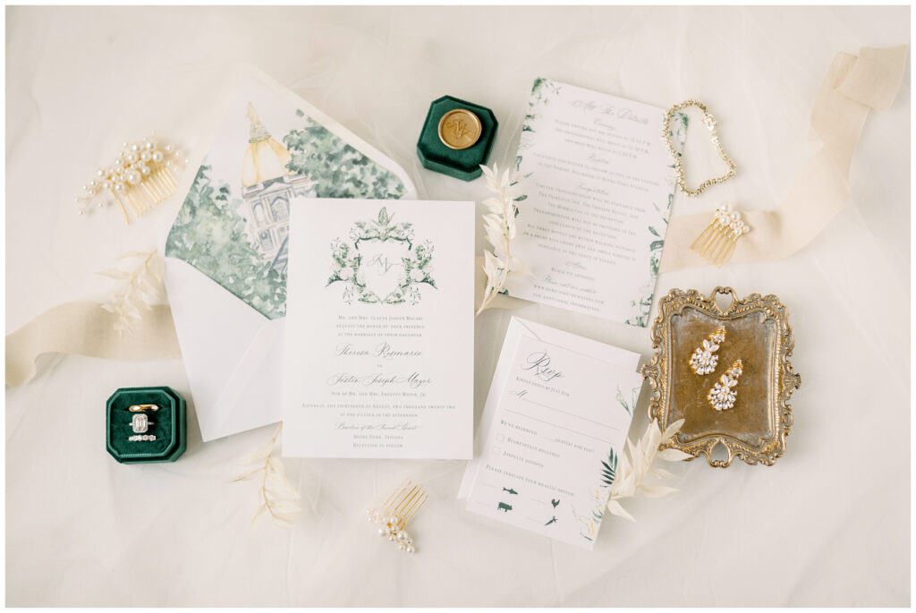 tropical black tie wedding at Notre Dame stationary 