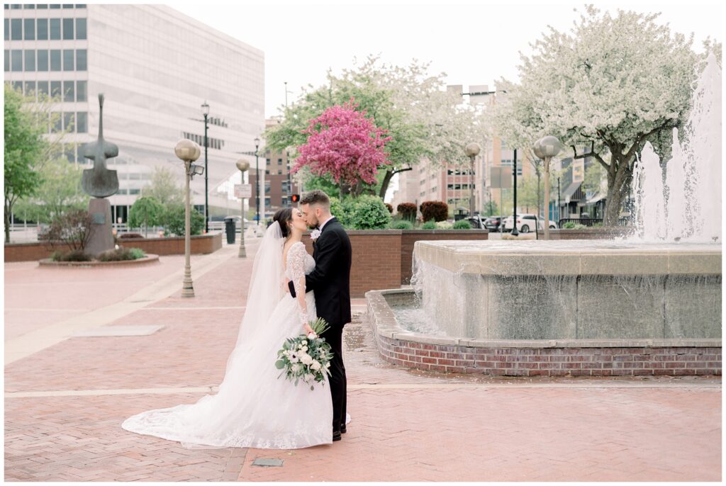 Bride and Groom Kiss in South Bend Indiana, Downtown South Bend Wedding