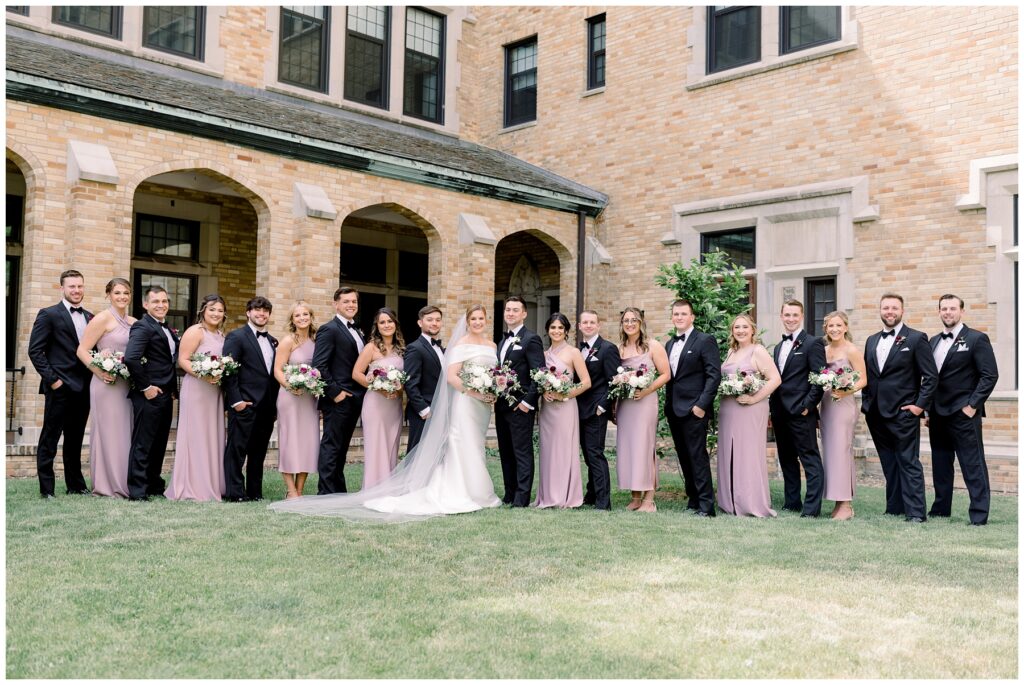 spring wedding in south bend, lilac bridesmaid dresses, black tux, spring wedding colors