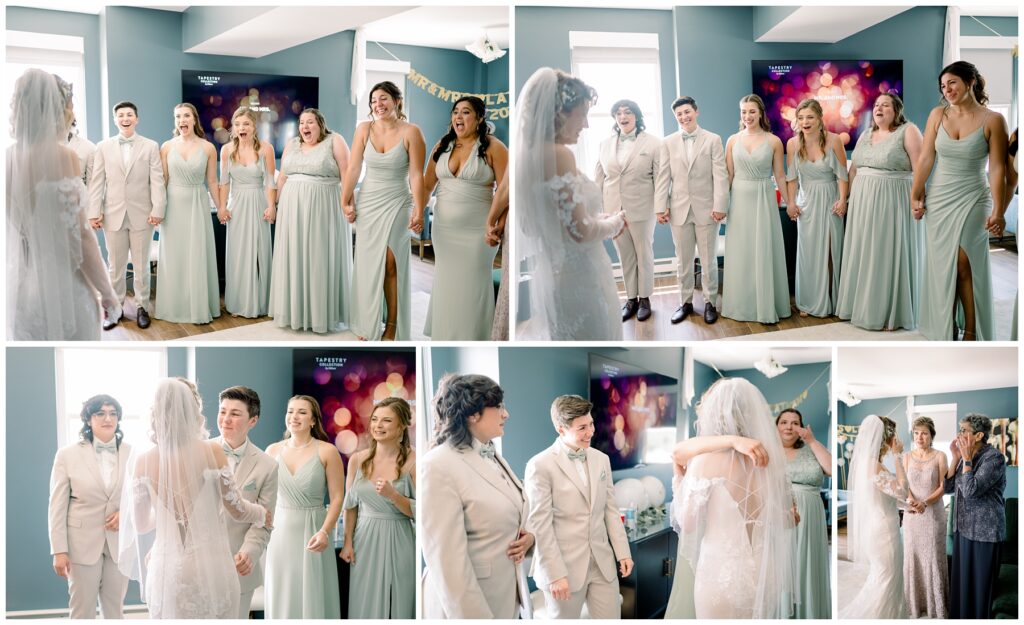 bridesmaids first look, mint green bridesmaids dress, sage bridesmaid dress, bridesmaid suit 