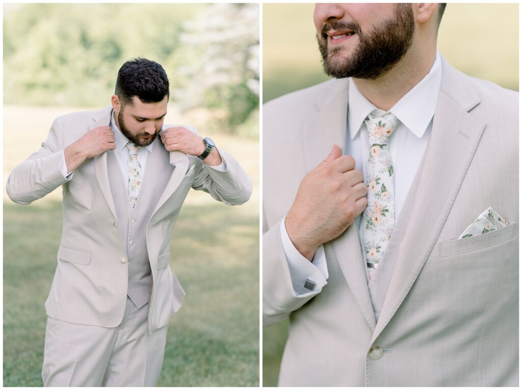 floral groom tie, south bend wedding suit shop, south bend wedding tux shop, light grey tux 