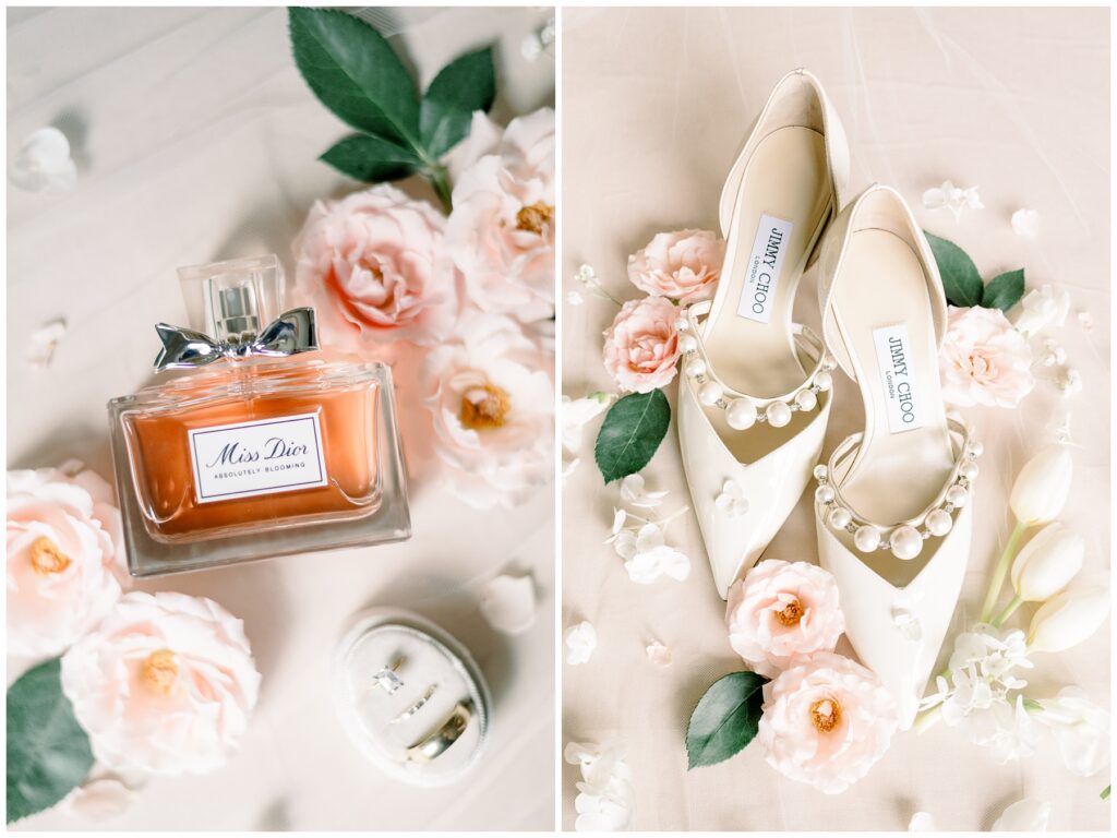 Jimmy Choo wedding shoes and miss dior perfume wedding day
