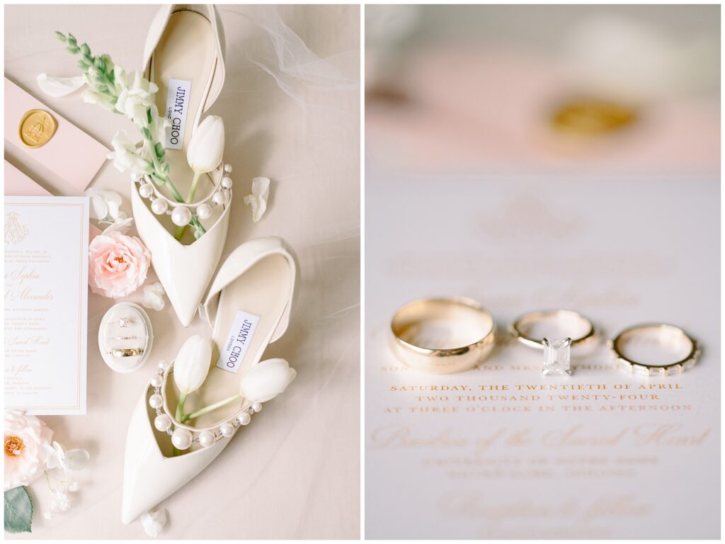 Wedding rings on invitations and Jimmy Choo Flat Lay
