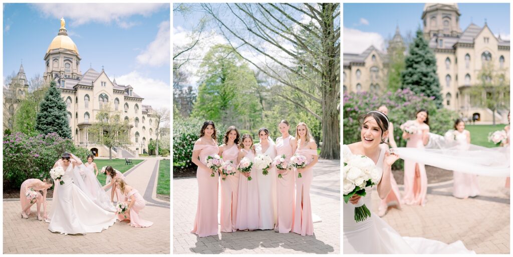 Bridesmaids in light pink at Notre Dame