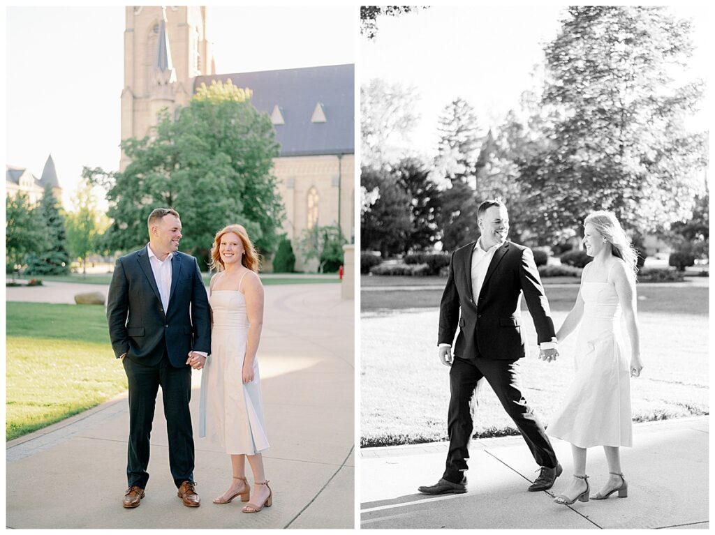 Engaged Couple Walking Through Campus at Notre Dame with the Basilica in the background