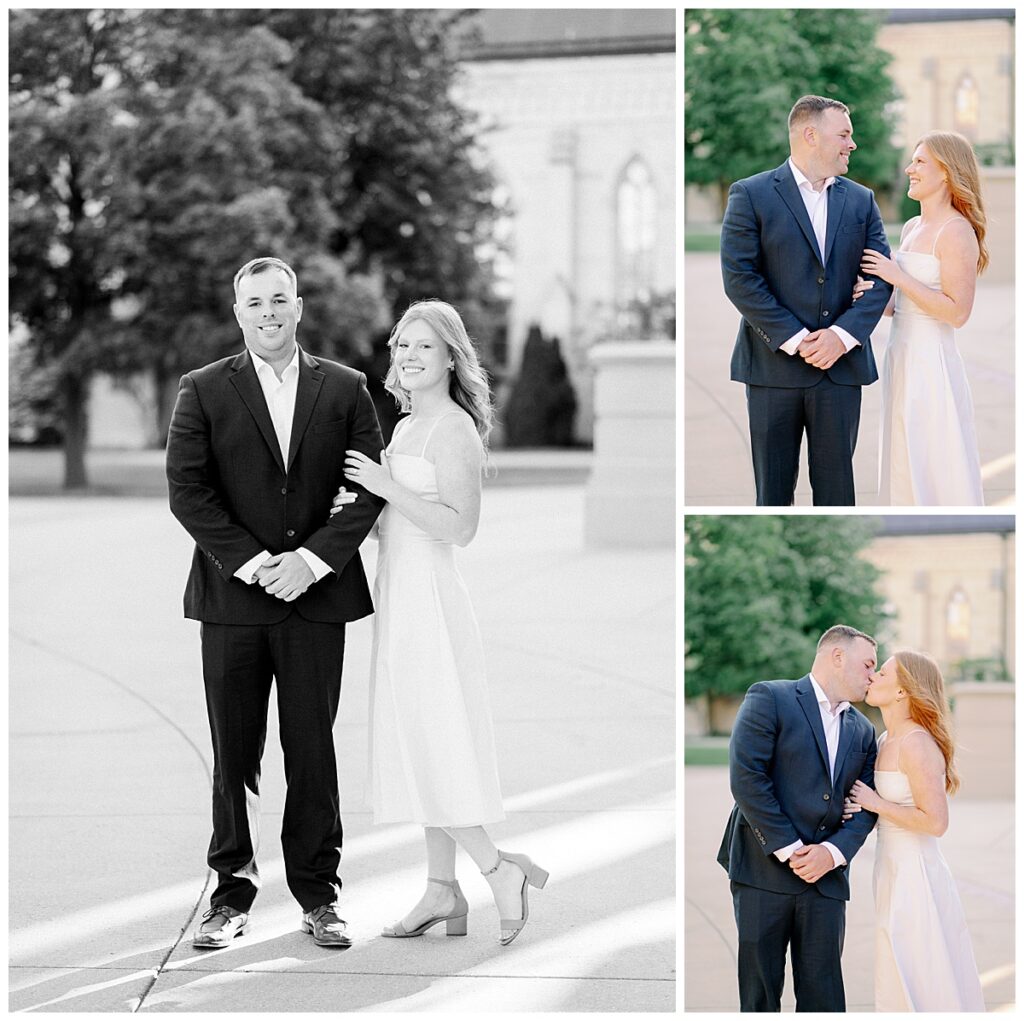 Summer Engagement Photos at Notre Dame, engaged looking at each other and smilting