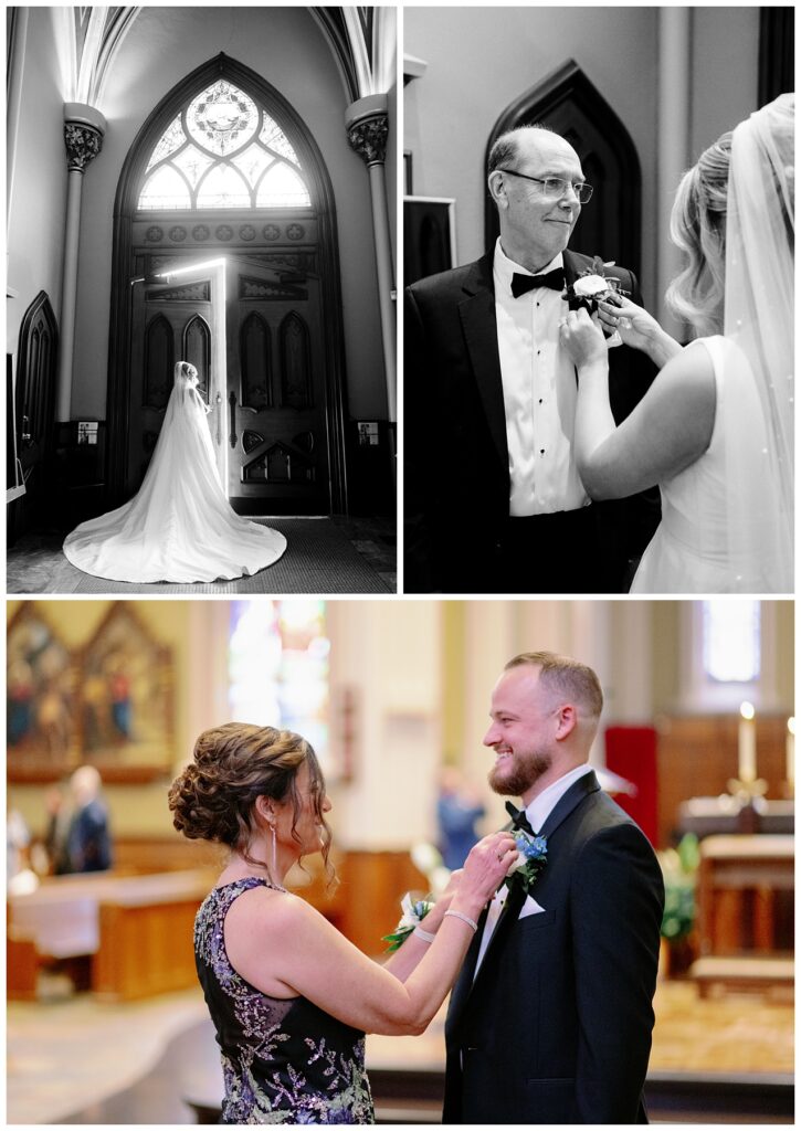 A bride and groom getting ready for their Catholic wedding vows.