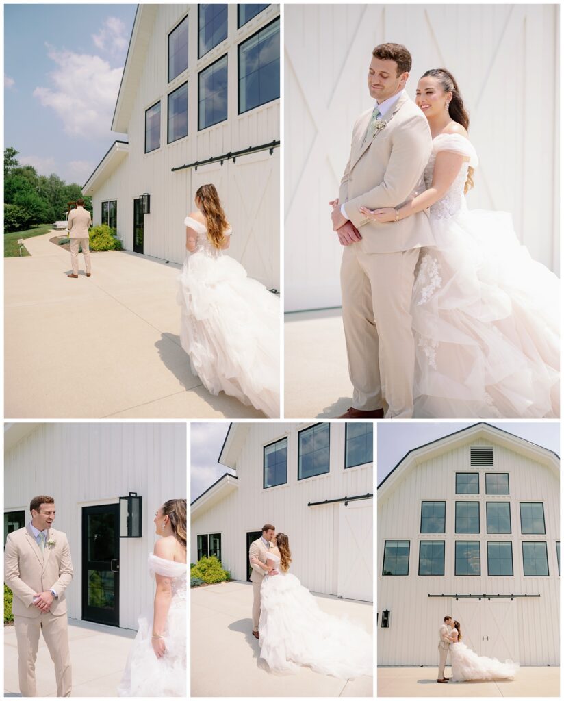 A bride and groom share a first look before their fairytale wedding.