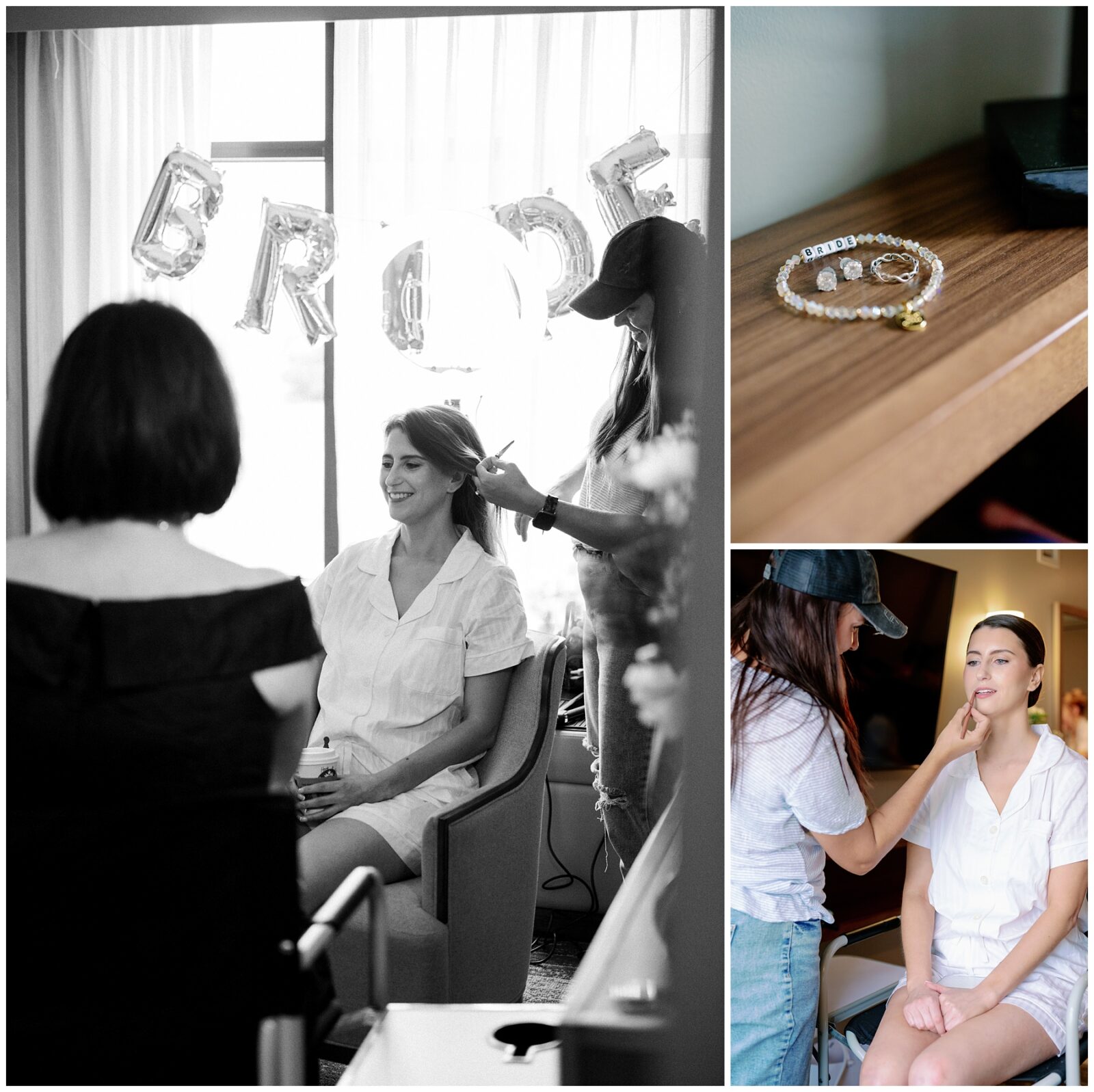 A bride has her hair and makeup done on the day of her Notre Dame wedding.