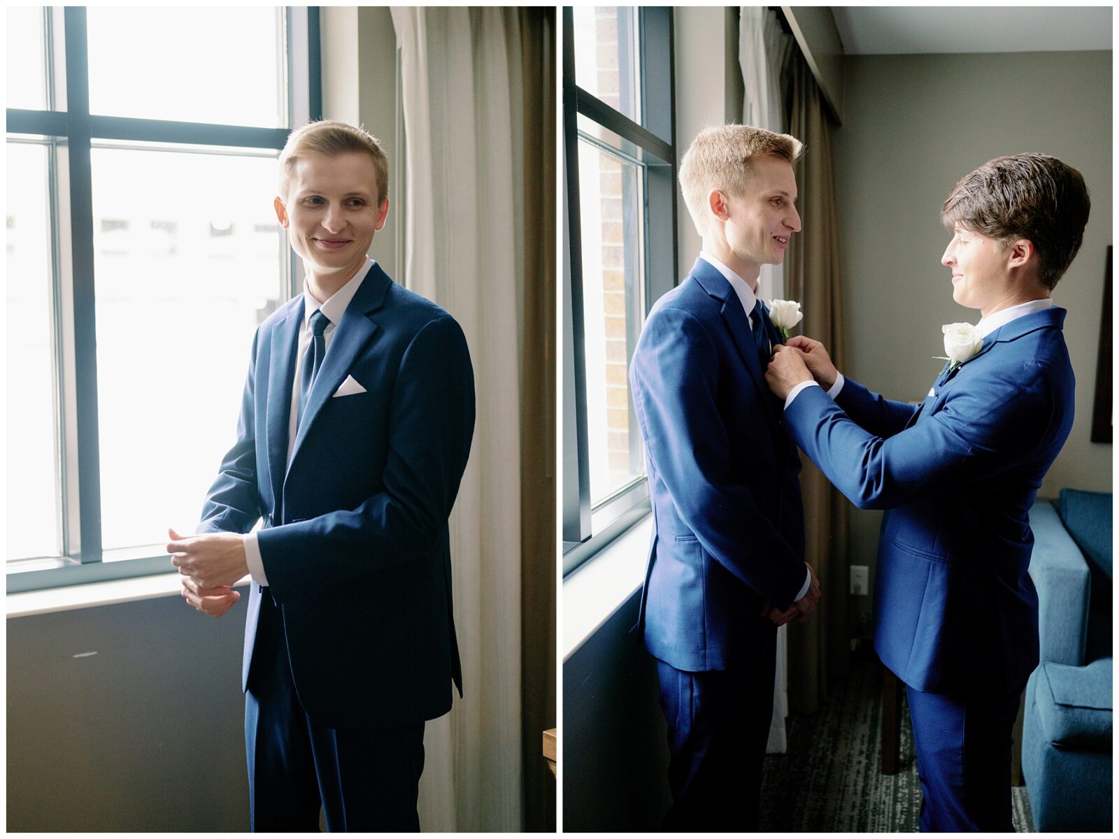 A groom gets dressed on the day of his Notre Dame wedding.