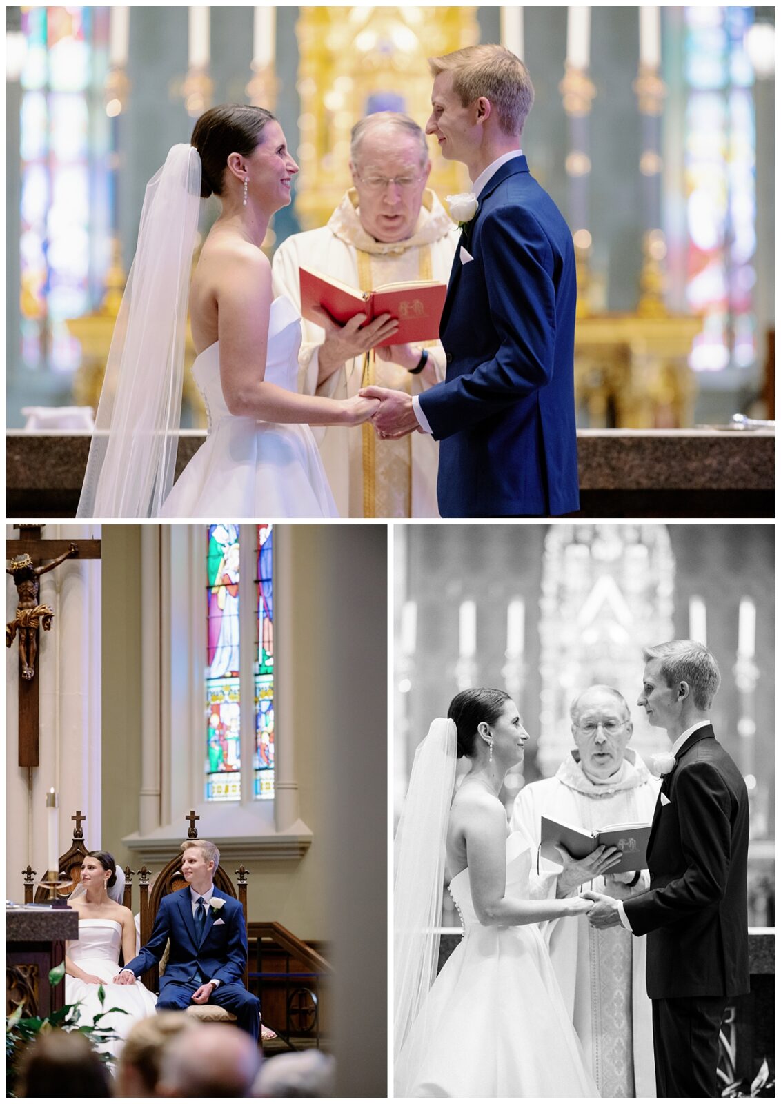 A bride and groom get married at their Notre Dame wedding.