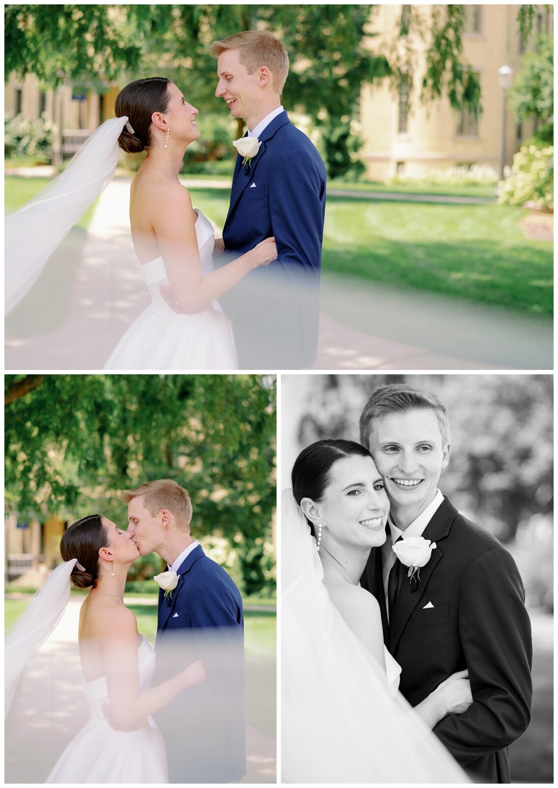 A newlywed couple takes wedding portraits around Notre Dame campus.