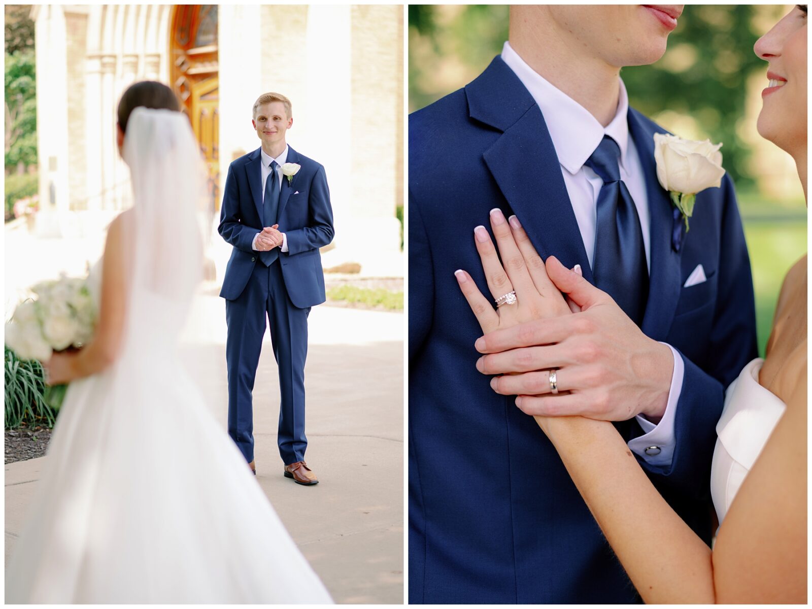 A newlywed couple takes wedding portraits around Notre Dame campus.