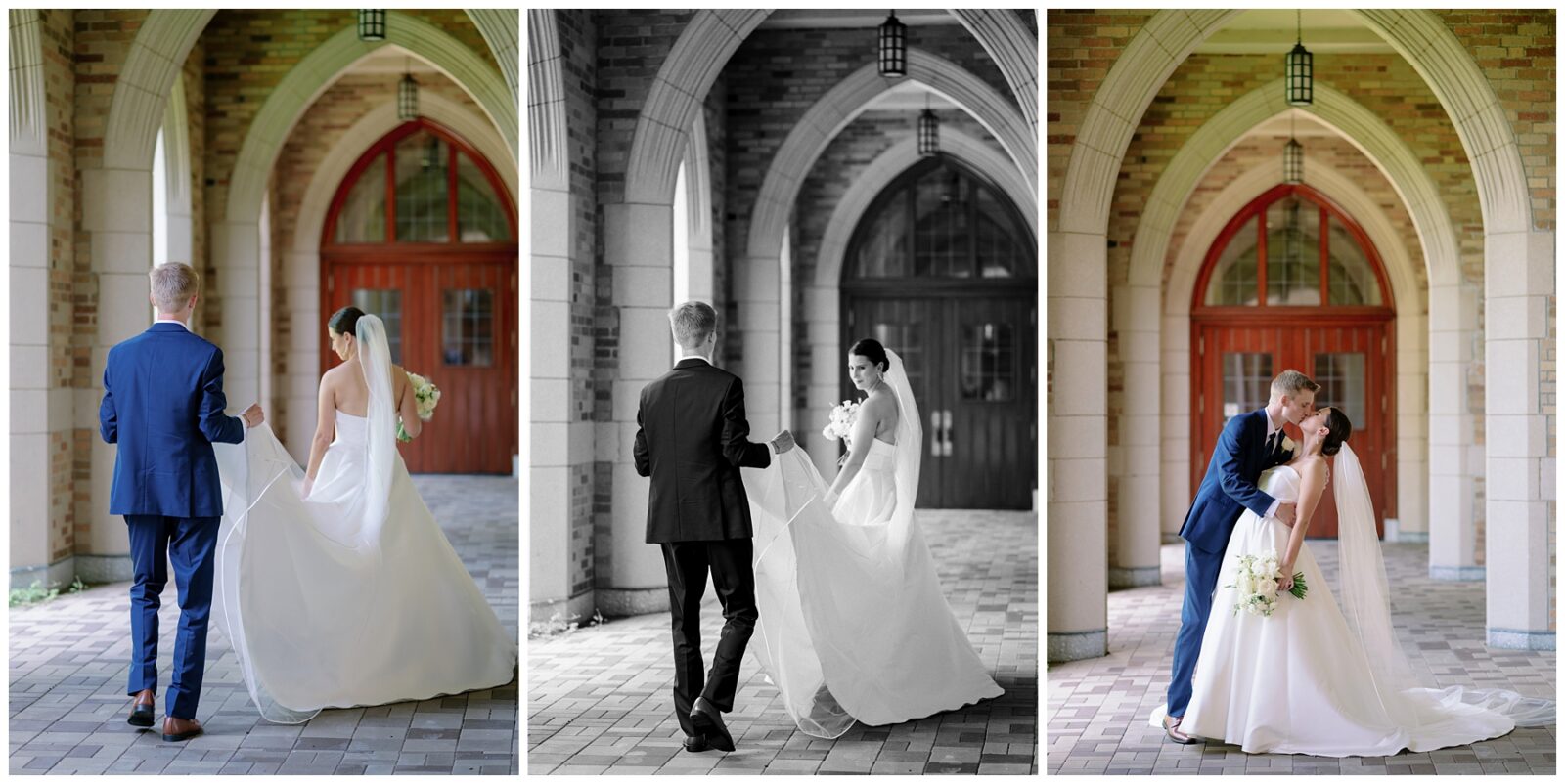 A newlywed couple takes wedding portraits around Notre Dame campus.