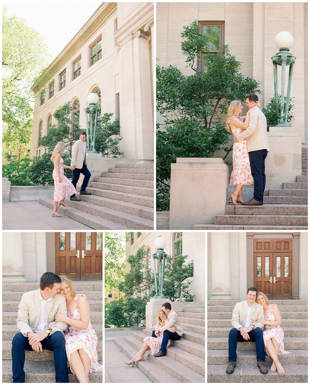 An engaged couple takes photos at Notre Dame's Bond Hall.