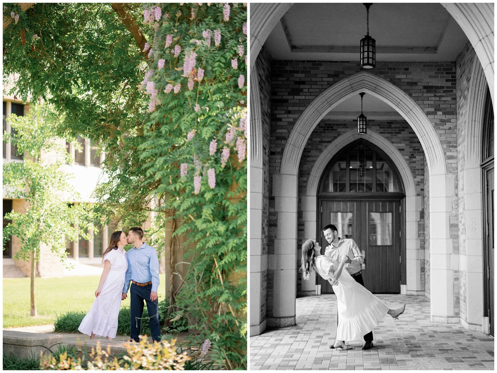 An engaged couple takes photos at Notre Dame's Law School Arched Walkway.
