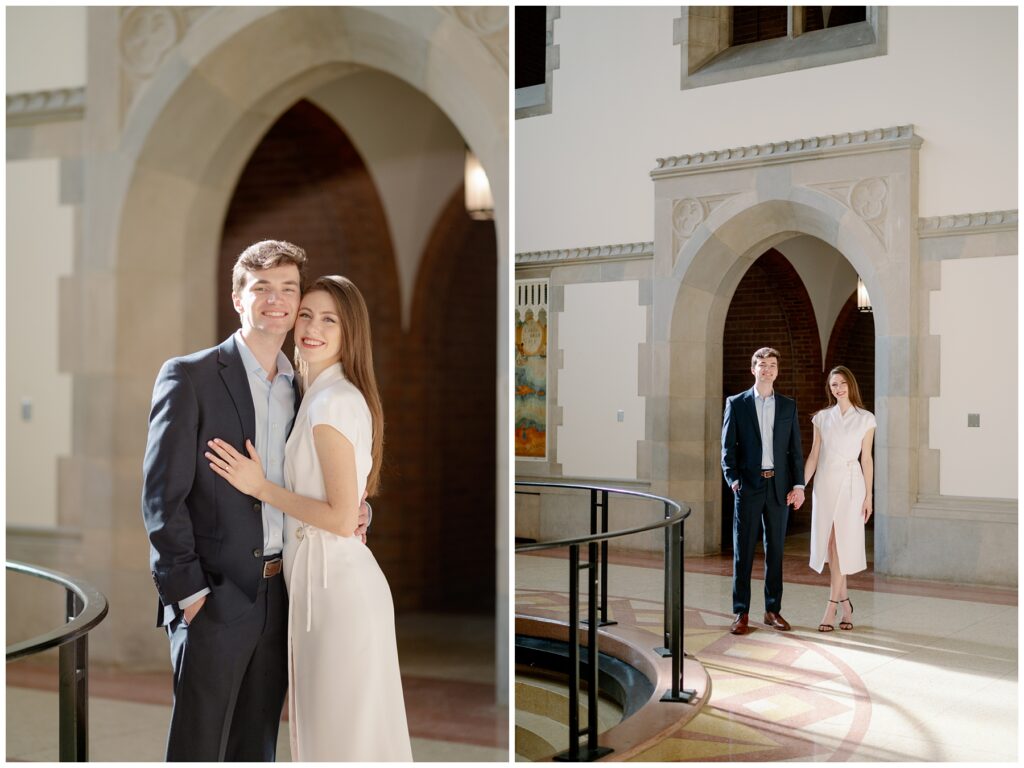 Bride and Groom Smiling at the camera during their engagement photos inside Hayes Healy at Notre Dame