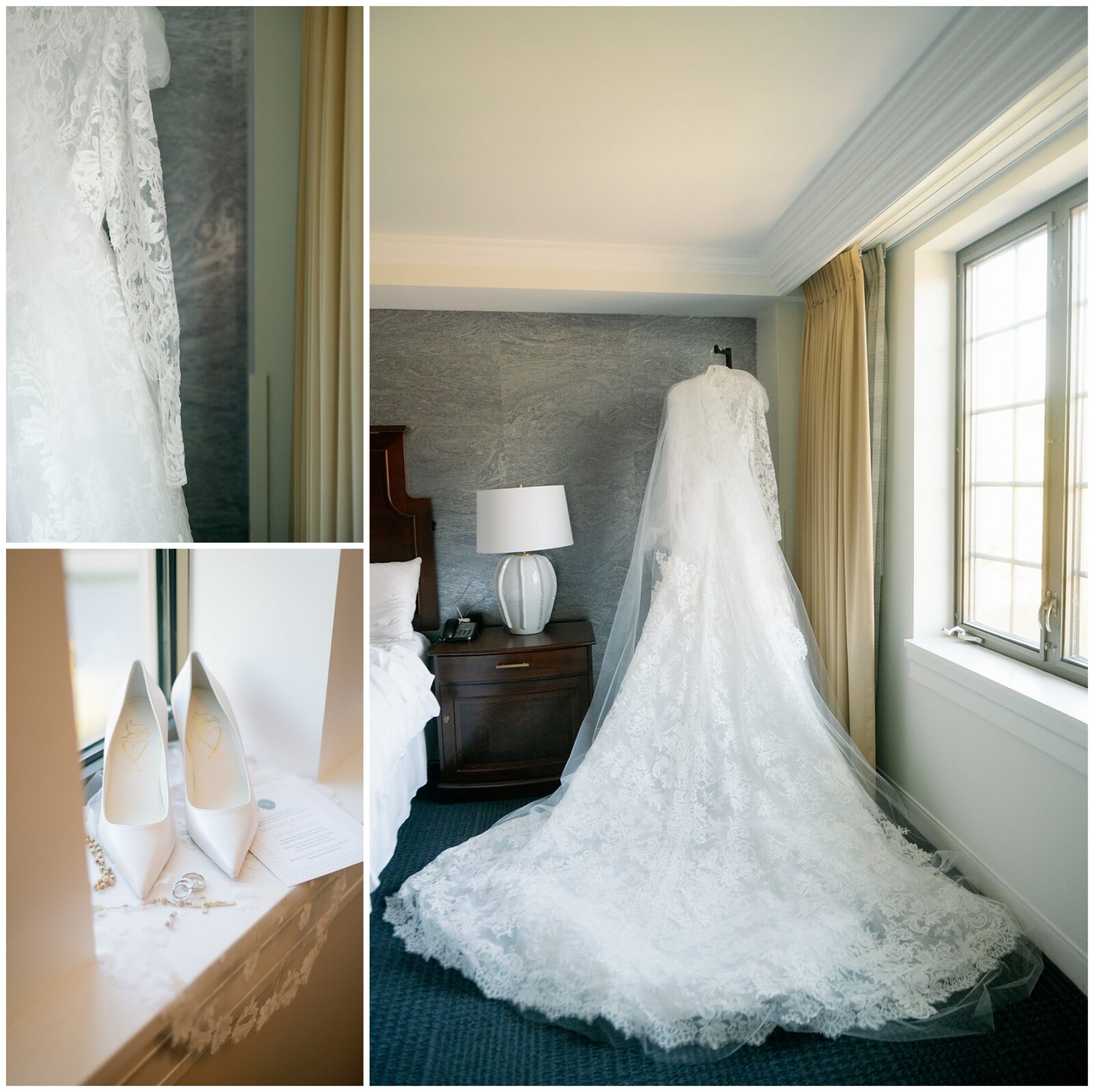 Detail shots of a Notre Dame wedding including bride's dress, rings, invitations, and shoes.