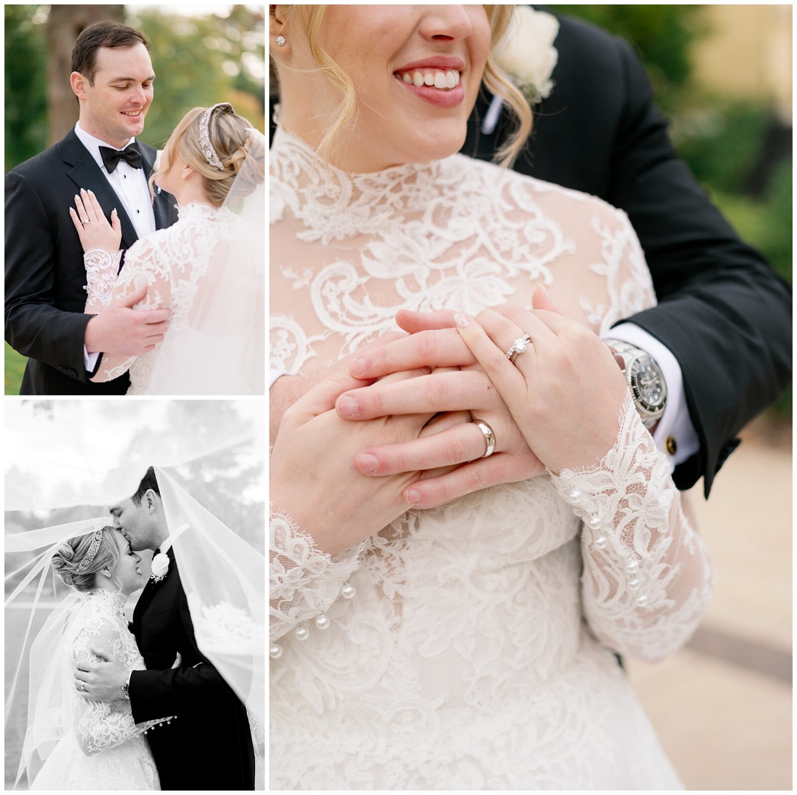 A bride and groom embrace for portraits during their Notre Dame wedding.