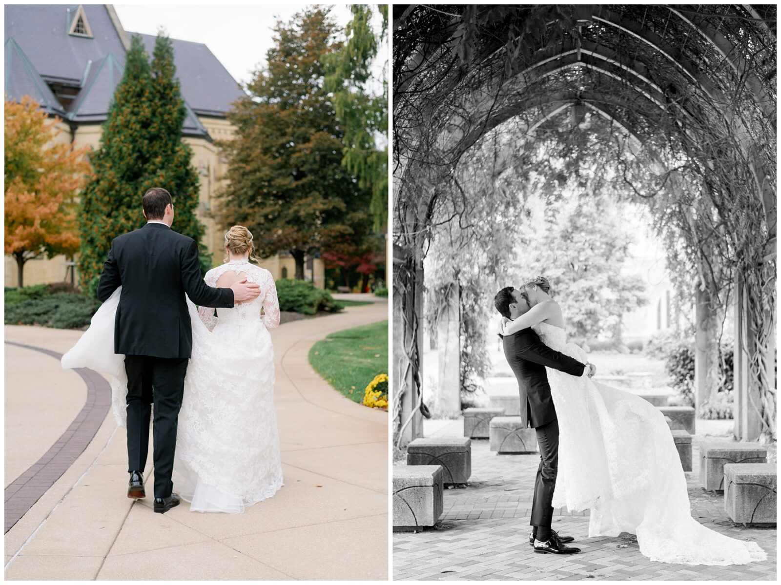 A bride and groom embrace for portraits during their Notre Dame wedding.