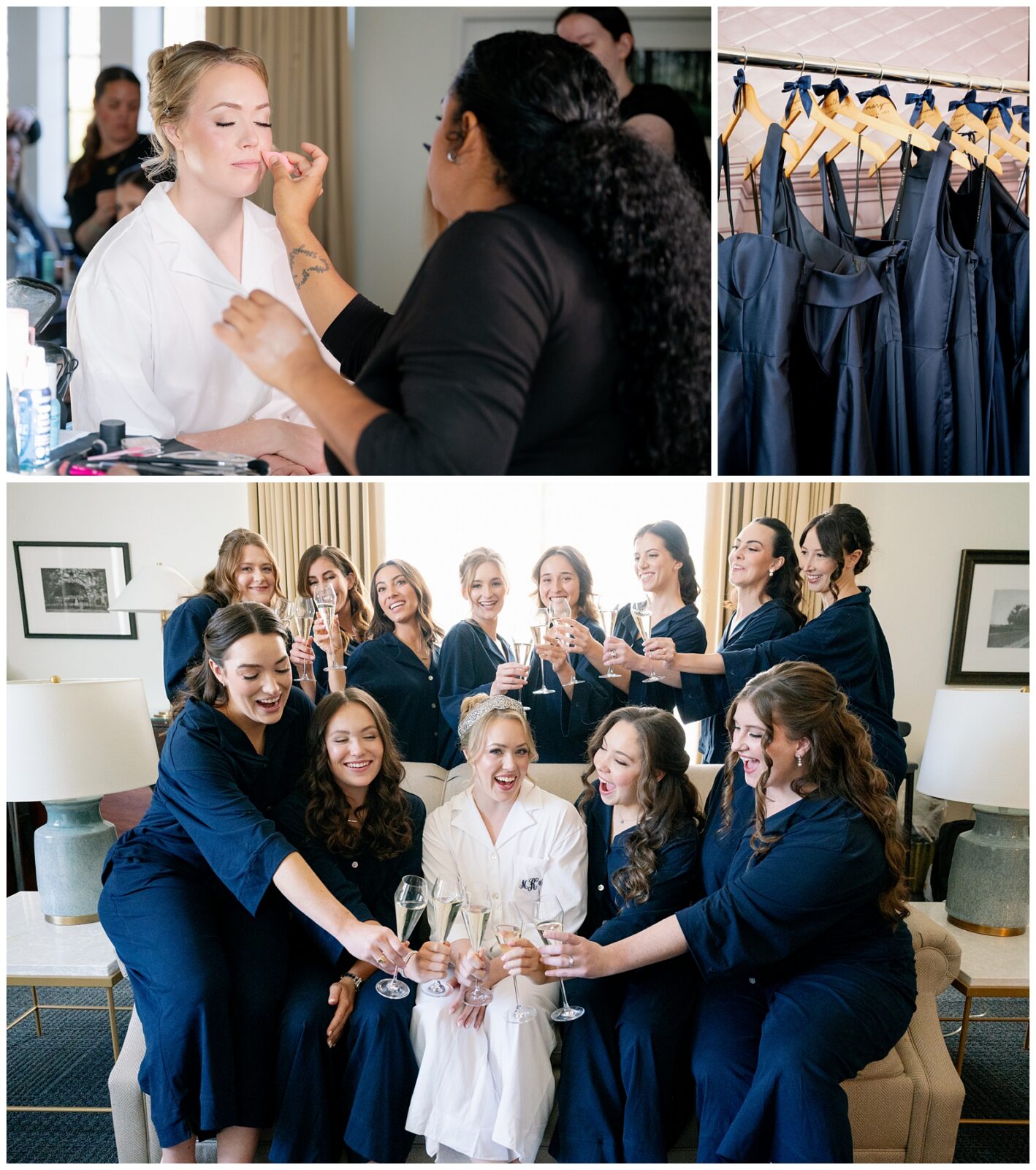 A bride and her bridesmaids get ready on the morning of her Notre Dame wedding.