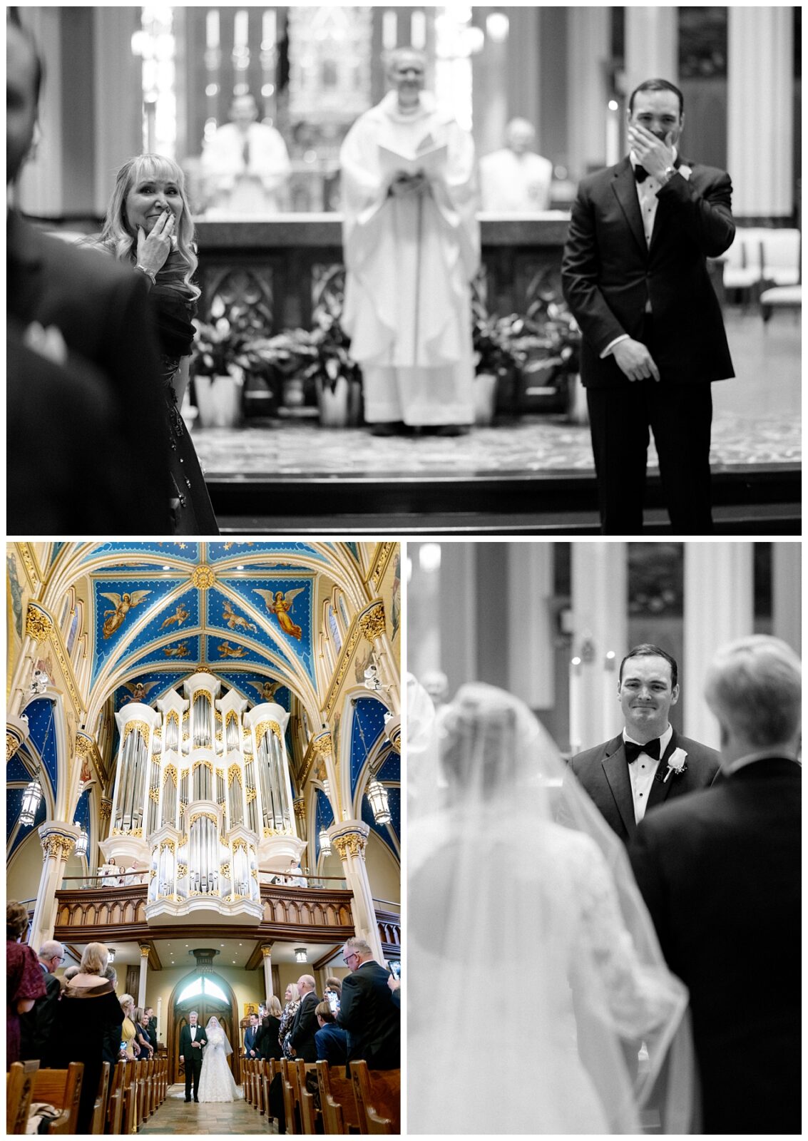 A bride and groom meet at the altar during their Notre Dame wedding.