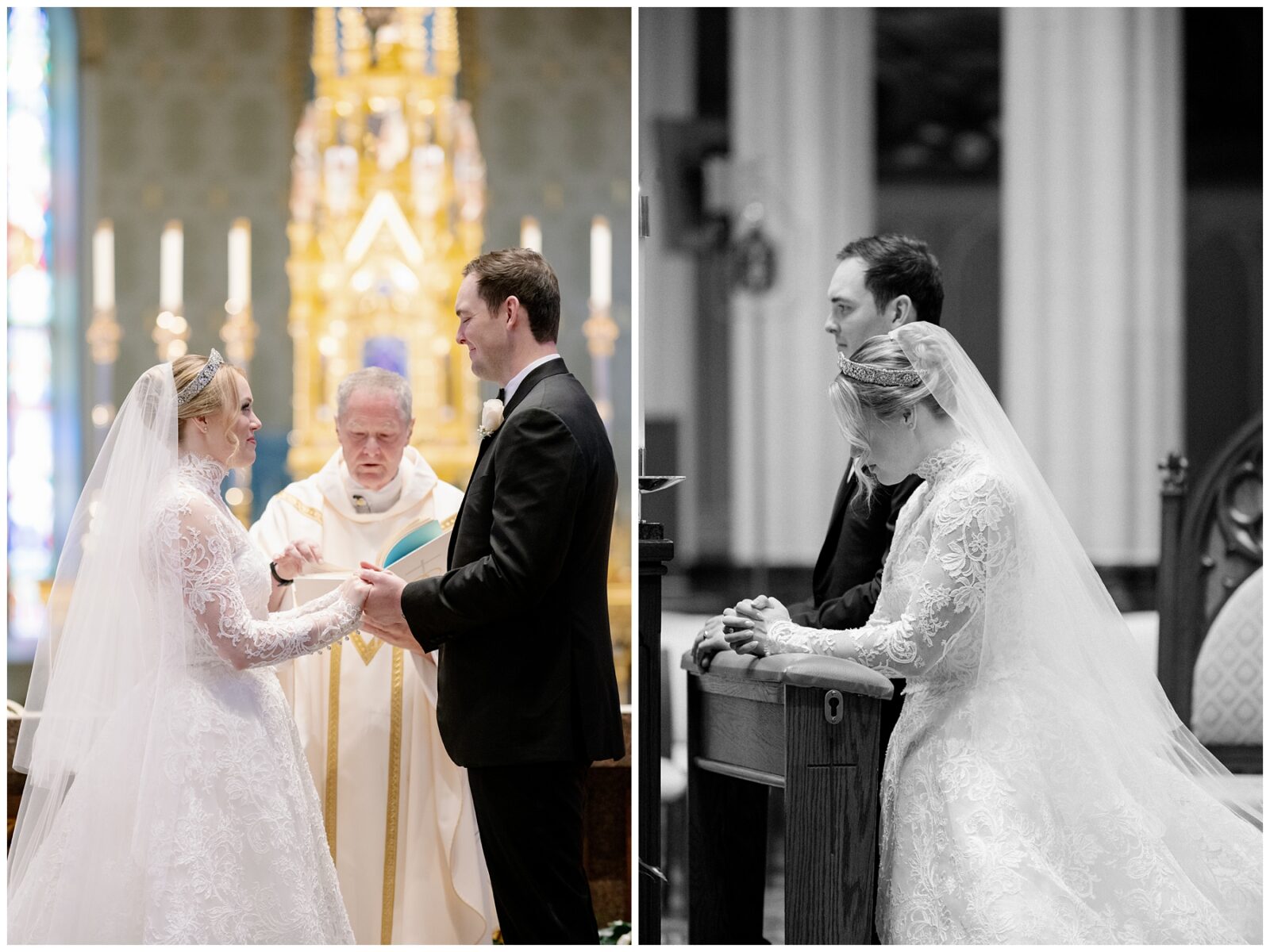 A bride and groom stand at the altar during their Notre Dame wedding.
