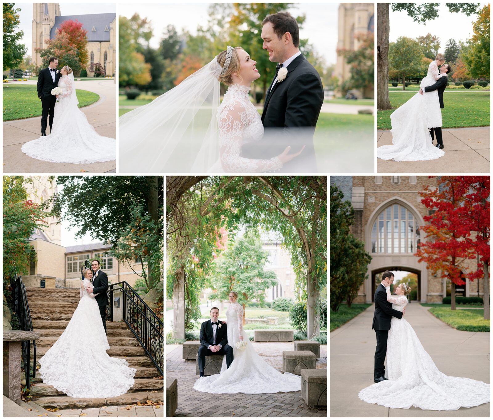 A bride and groom embrace for portraits during their Notre Dame wedding.