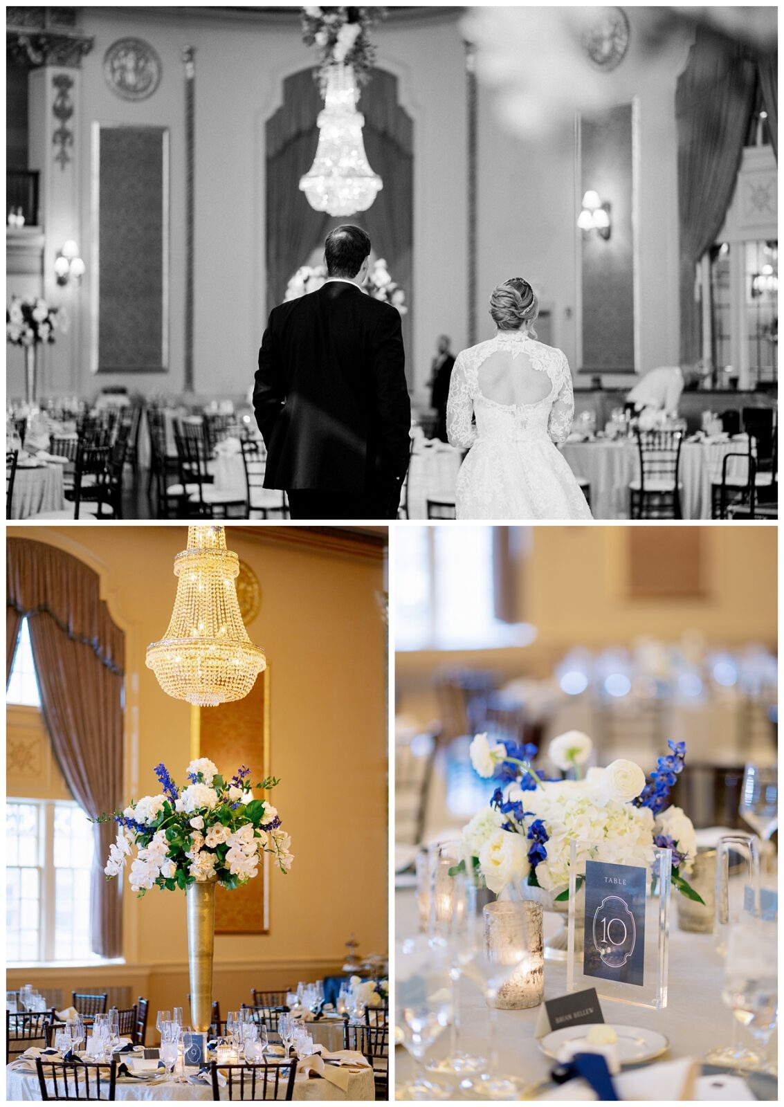 A bride and groom take in the details of their Notre Dame wedding reception.