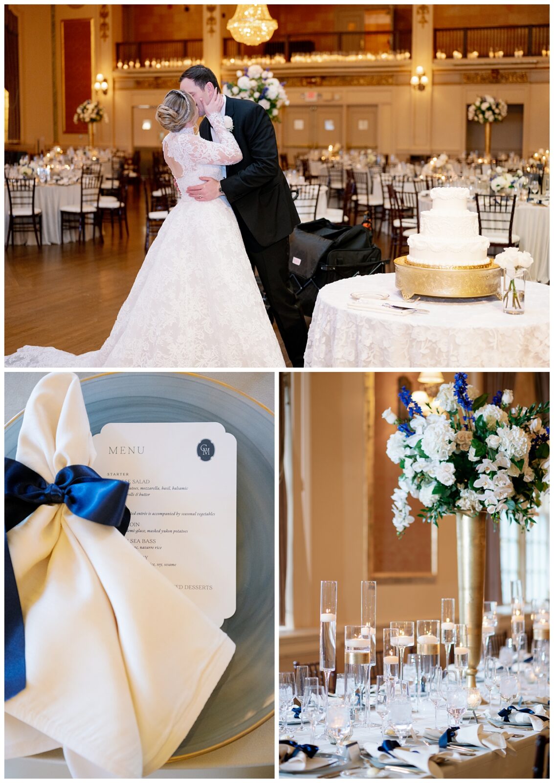 A bride and groom take in the details of their Notre Dame wedding reception.