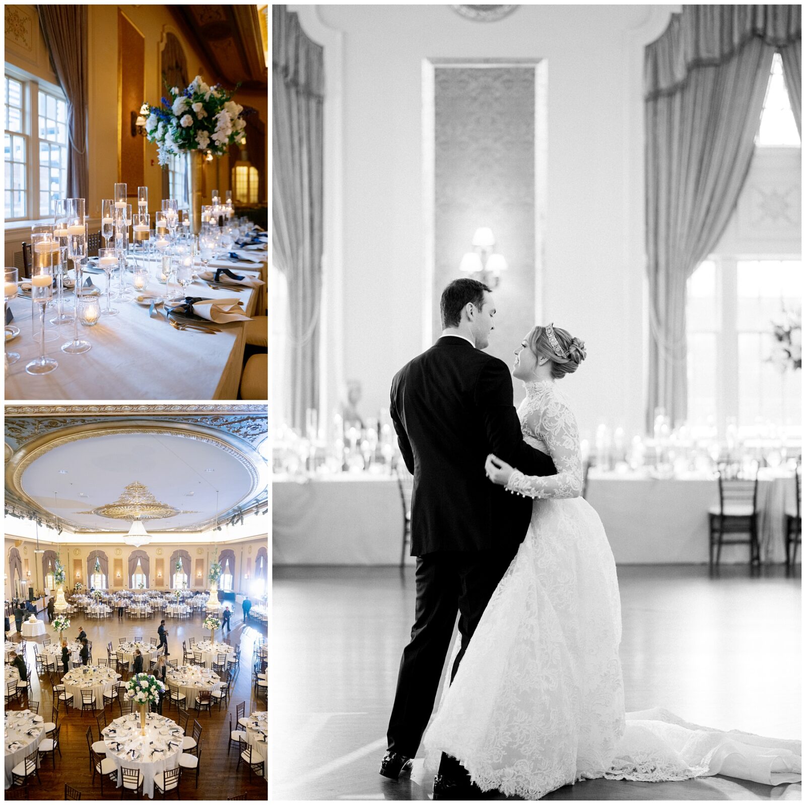 A bride and groom take in the details of their Notre Dame wedding reception.