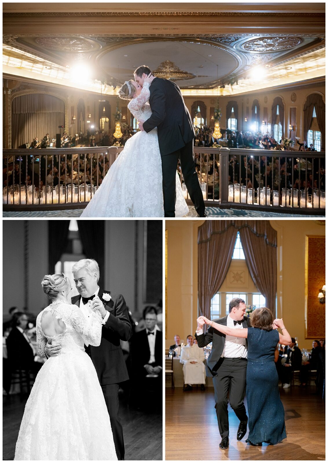 A bride and groom enter their Notre Dame wedding reception and dance with their parents.