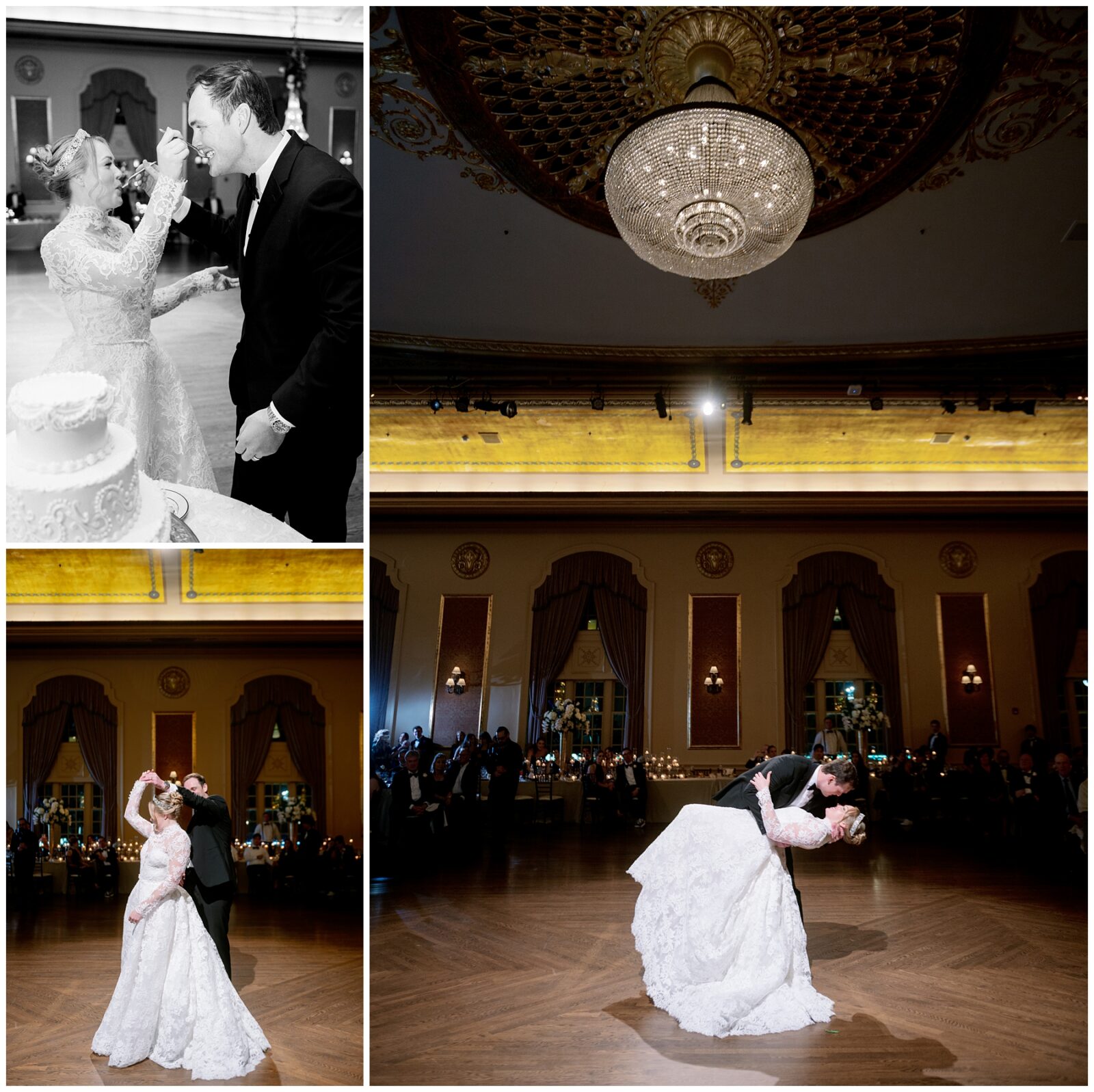 A bride and groom cut their cake and dance at their Notre Dame wedding reception.
