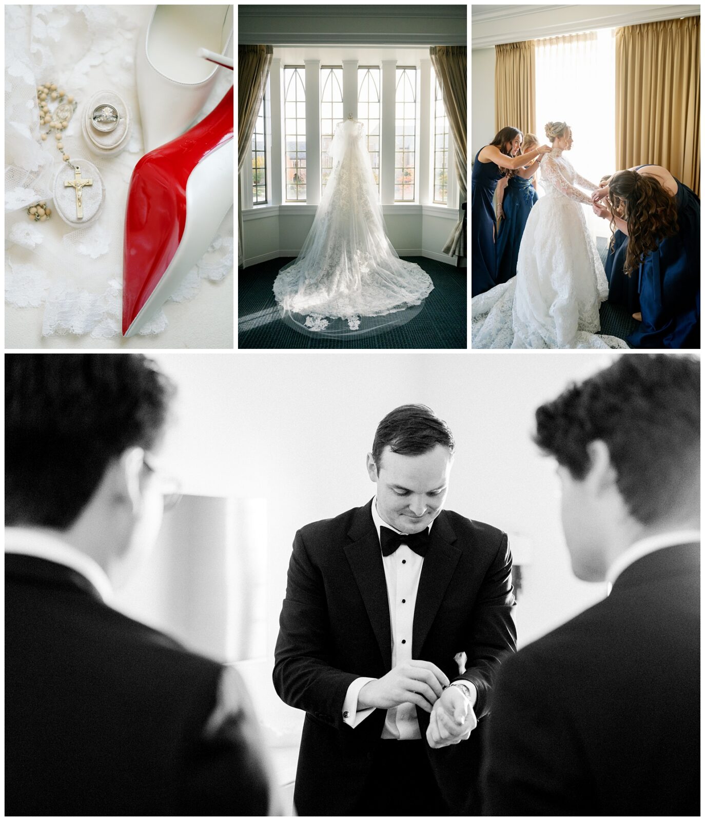 A bride and groom get ready for their their Notre Dame wedding.