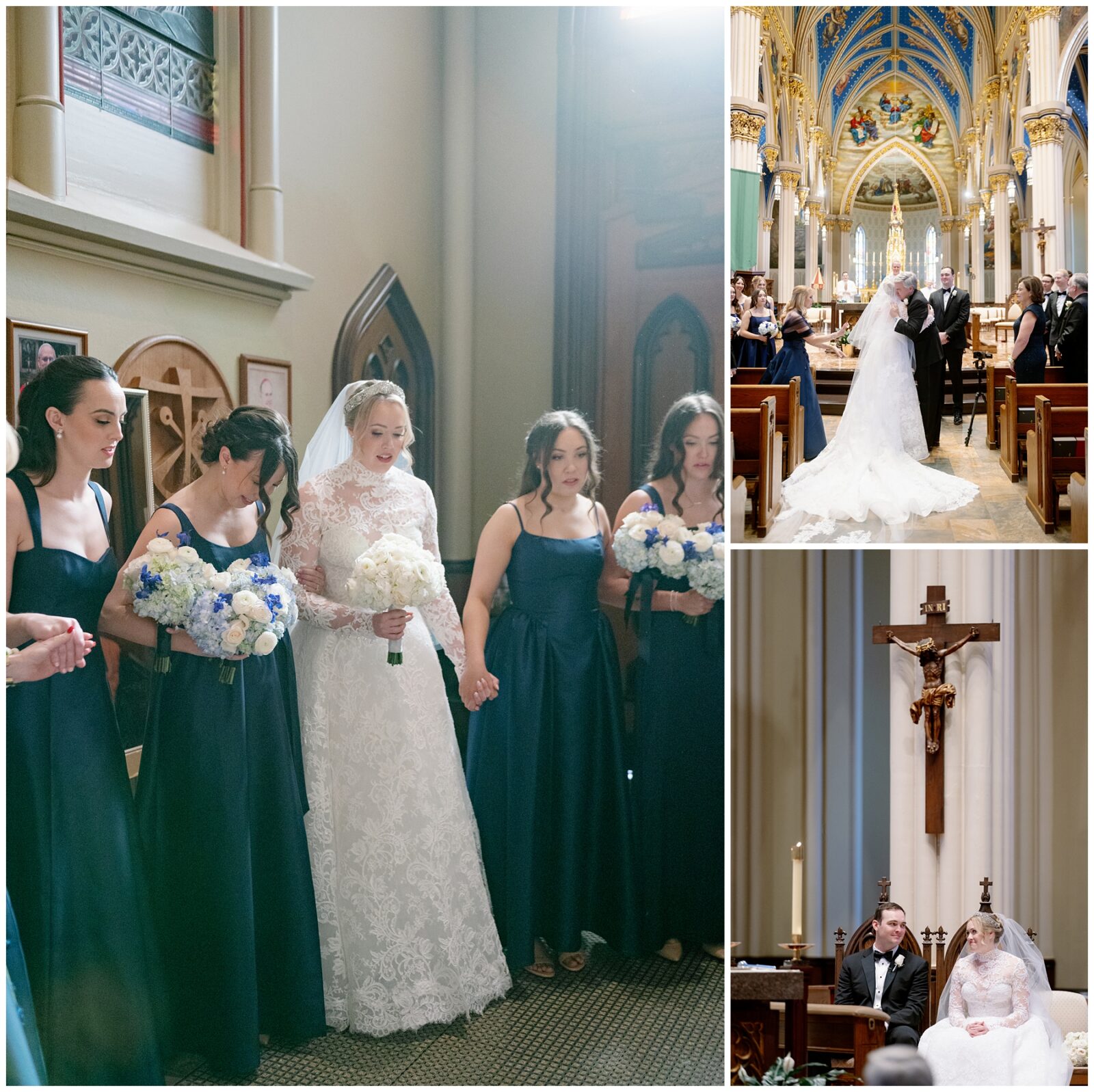 Photos of a bride and groom at their Notre Dame wedding ceremony at the Basilica of the Sacred Heart.