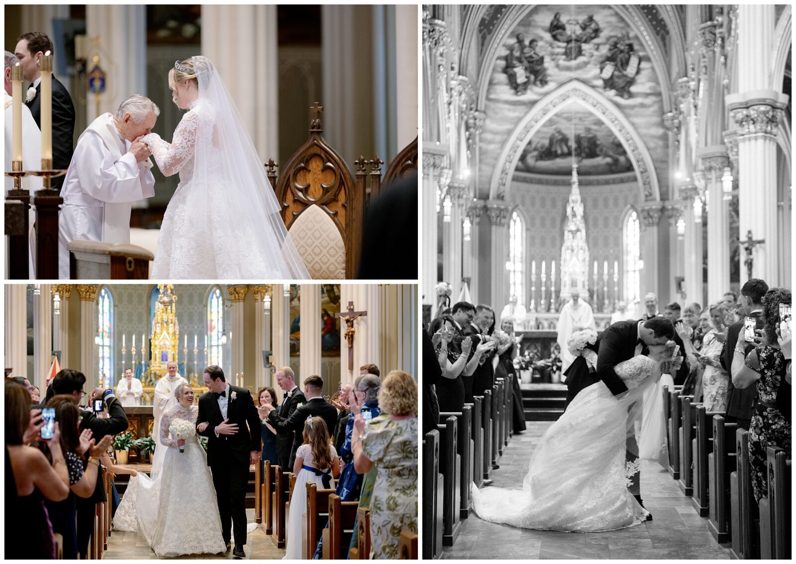 Photos of a bride and groom at their Notre Dame wedding ceremony at the Basilica of the Sacred Heart.