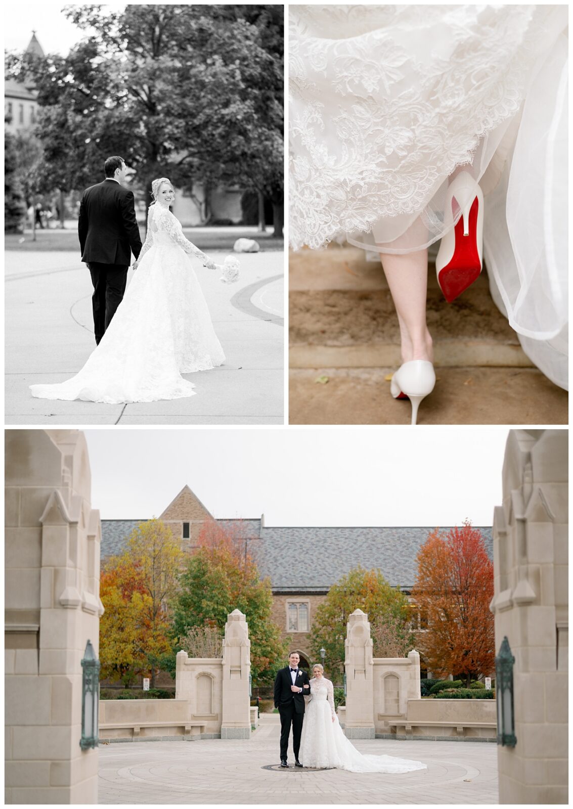 A bride and groom take portraits on the day of their Notre Dame wedding.