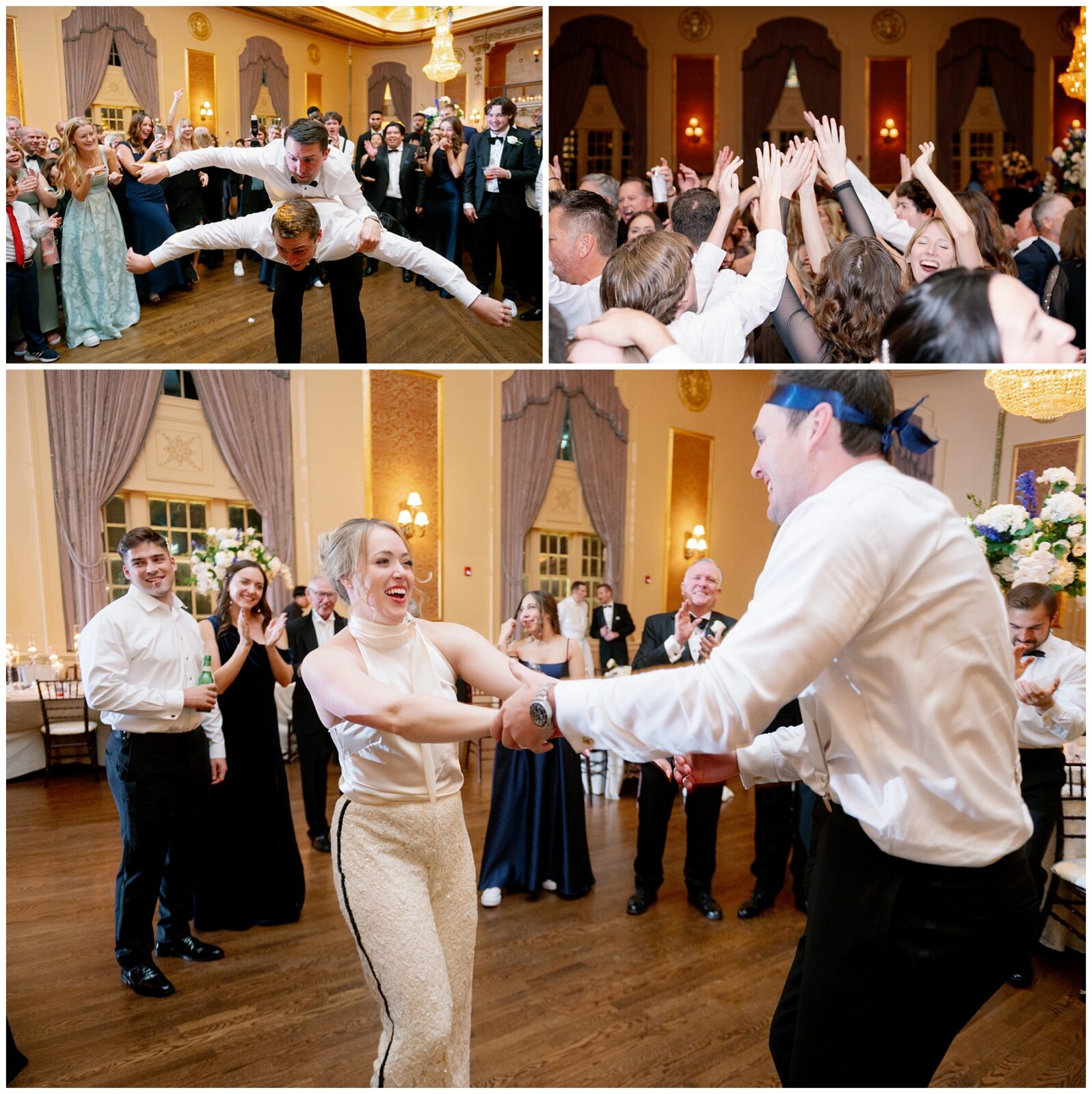 Guests dance at a Notre Dame wedding reception.